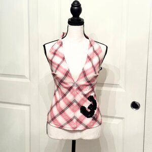 Diesel Women's Red and Black "3" Plaid Halter Tank Top, Size XS